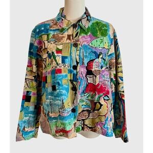 VTG. 90s Karen Hart Jacket Womens Large Colorful Watercolor Beaded Art To Wear